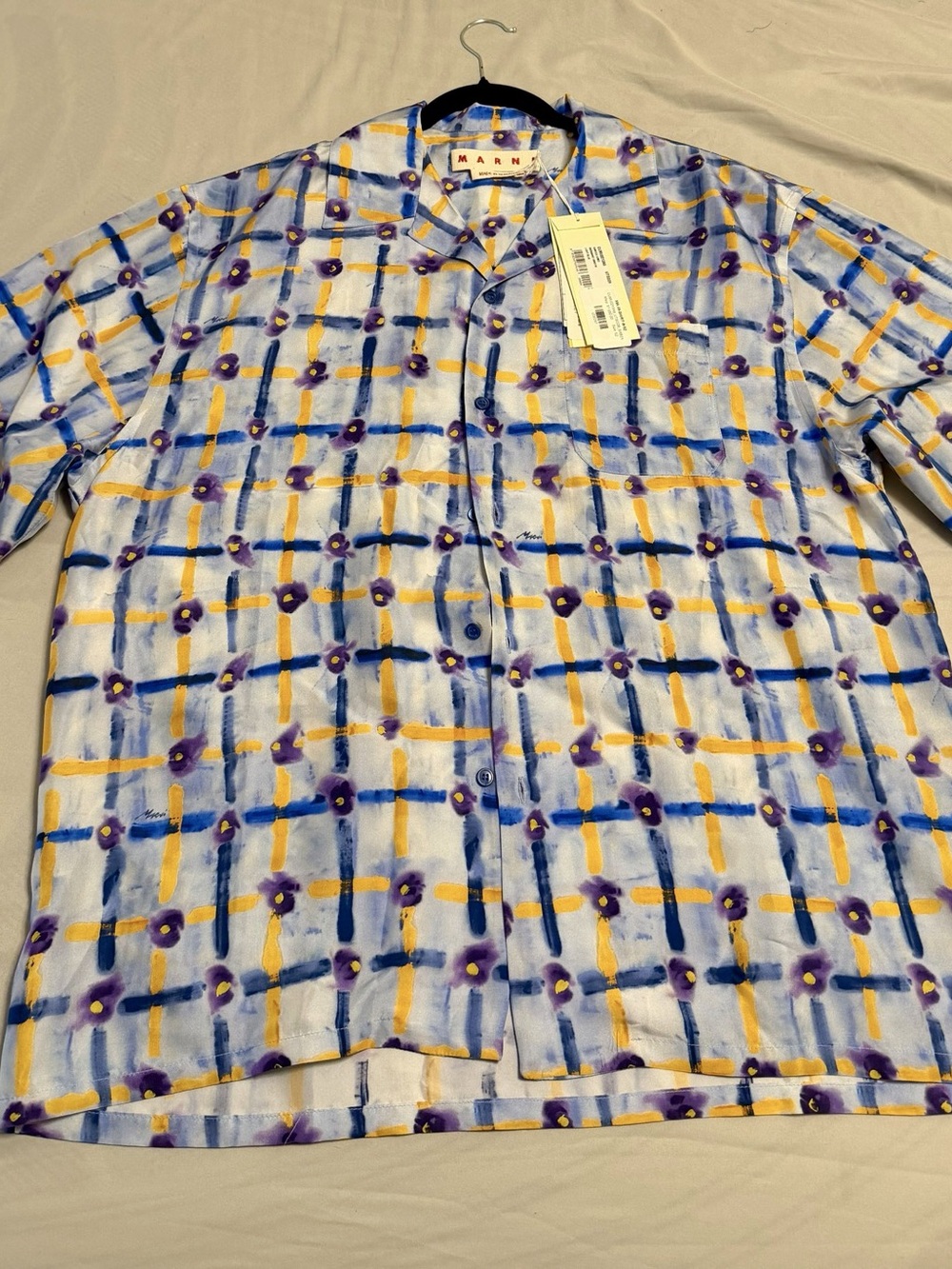 Marni Light Habotai Silk Bowling Shirt With Saraban Print – Blue (NWT)